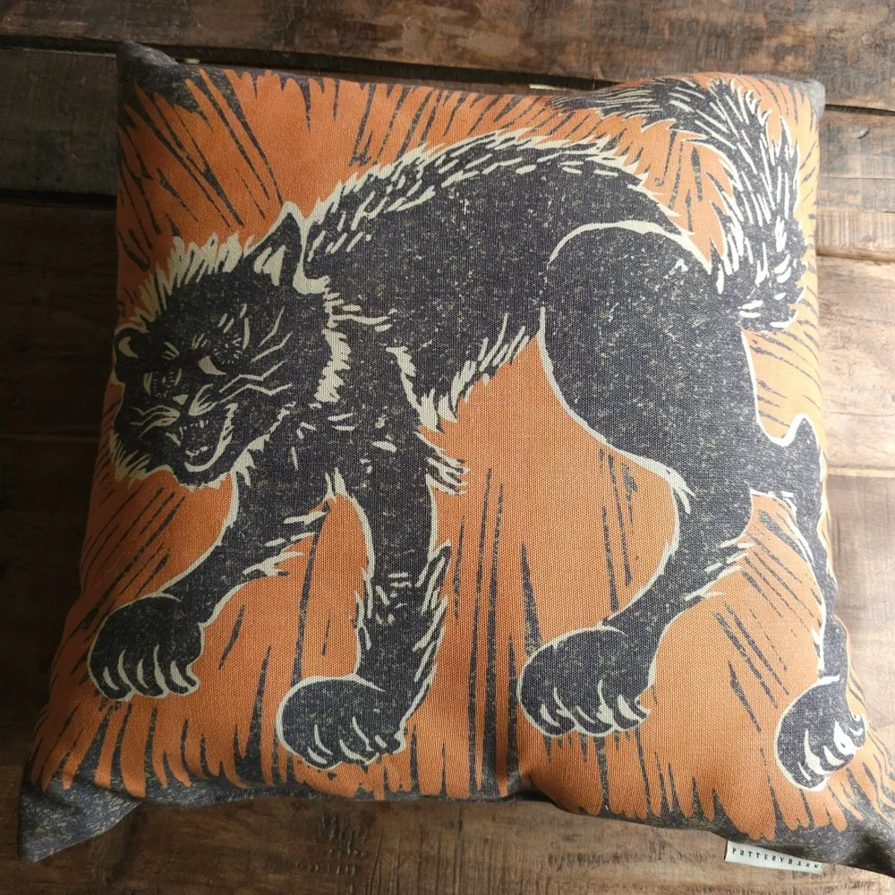 Pottery Barn Halloween Scaredy Black Cat Throw Pillow Orange Print 20